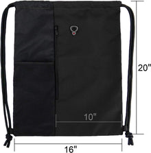 BeeGreen Black Drawstring Backpack Gym Bag For Men Women String Sports Backpack With Water Bottle Mesh Pockets And 2 Zippered Pocket Large Cinch Sackpack Workout Bag 16" x 20"