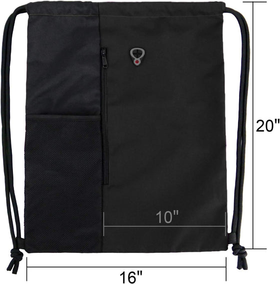 BeeGreen Black Drawstring Backpack Gym Bag For Men Women String Sports Backpack With Water Bottle Mesh Pockets And 2 Zippered Pocket Large Cinch Sackpack Workout Bag 16" x 20" - hover image