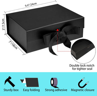 RUIFYRAY Black Luxury Magnetic Gift Box with Lid, Ribbons and Gift Bag, Medium Size-9.4x7x3 Inches, Great for Christmas, New Year, Wedding, Birthdays, Man