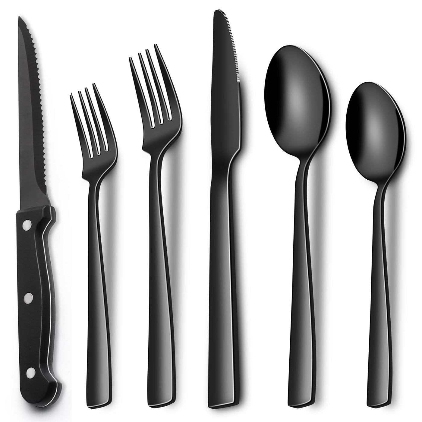 EWFEN 24-Piece Black Silverware Set with Steak Knives, Black Flatware Set for 4, Food-Grade Stainless Steel Tableware Cutlery Set, Mirror Finished Utensil Sets for Home Restaurant, Round Edge