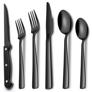 EWFEN 24-Piece Black Silverware Set with Steak Knives, Black Flatware Set for 4, Food-Grade Stainless Steel Tableware Cutlery Set, Mirror Finished Utensil Sets for Home Restaurant, Round Edge