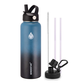 SENDESTAR Water Bottle 32oz Double Wall Vacuum Insulated Leak Proof Stainless Steel Sports Water Bottle—Wide Mouth with New Flex Straw Lid & Spout Lid (Deep Blue&Black)