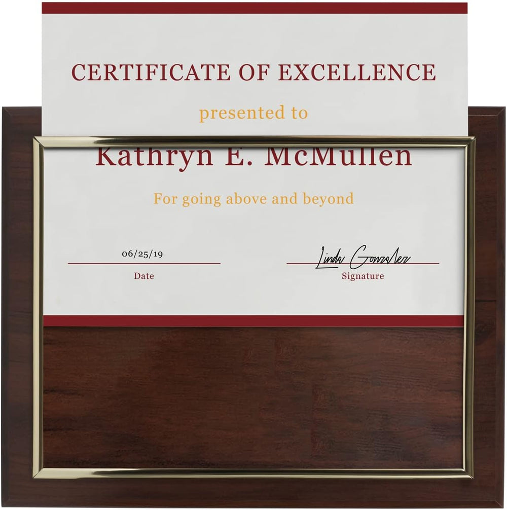 10.5 x 13" Certificate Display Plaque - Offered in Coated Cherry Wood with an 8.5 x 11" Gold Frame - Slide in your Diploma, Award Certificate, Award of Achievement, Class Photo, and More