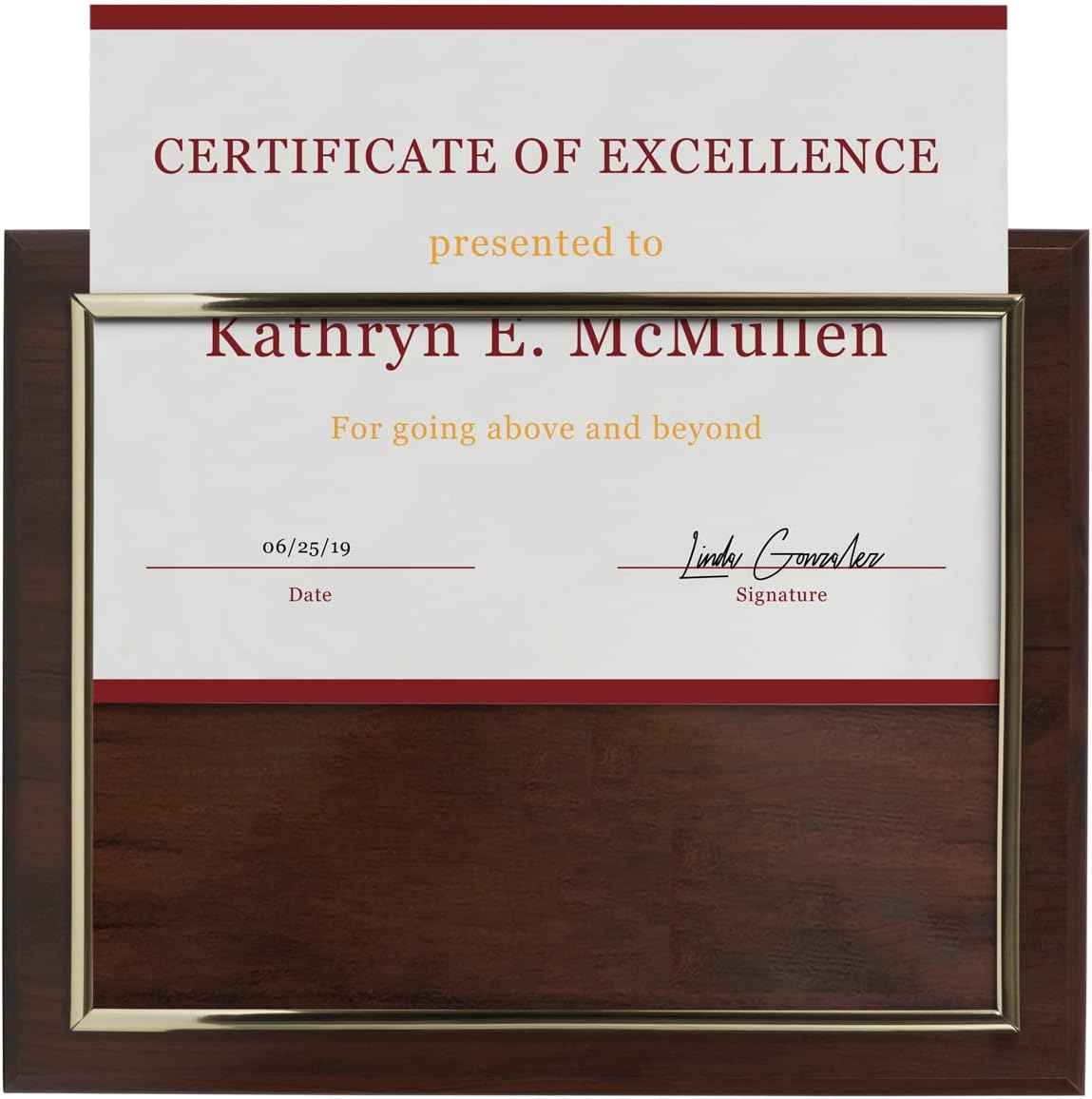 10.5 x 13" Certificate Display Plaque - Offered in Coated Cherry Wood with an 8.5 x 11" Gold Frame - Slide in your Diploma, Award Certificate, Award of Achievement, Class Photo, and More