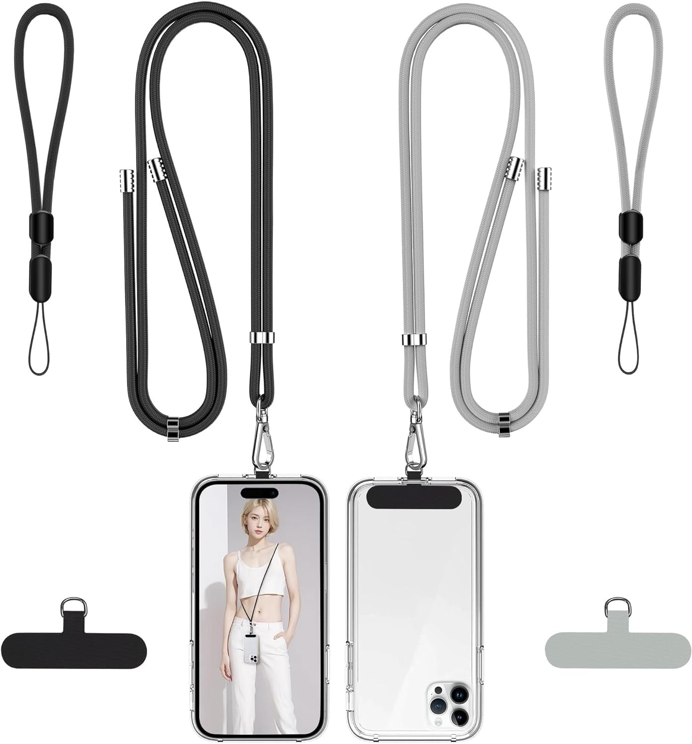 takyu Phone Lanyard, 2 Pack Adjustable Cell Phone Lanyard Crossbody Neck Strap & 2 Pack Phone Wrist Strap with 2 Pcs Tether Tabs Compatible for iPhone Android Smartphones-Black Grey