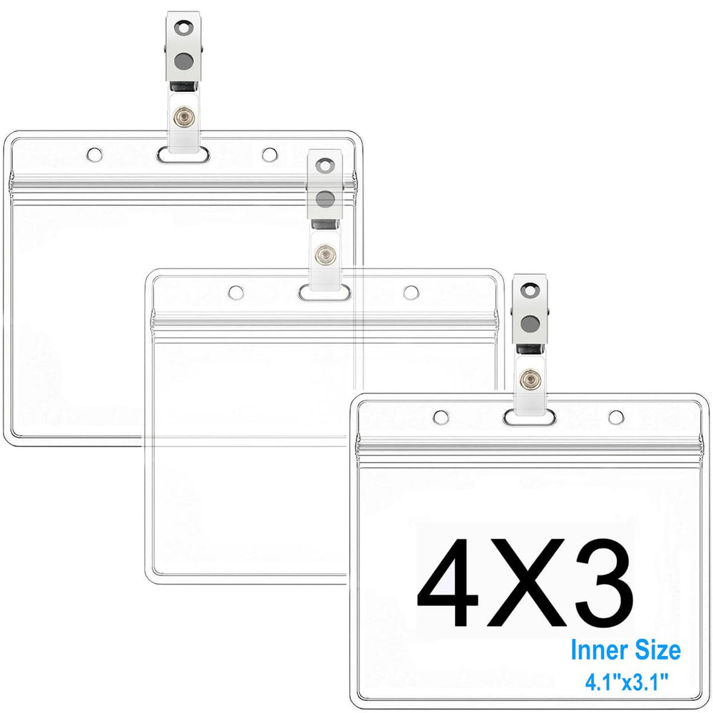 Horizontal Name Tag Holders and Metal Badge Clips with Vinyl Strap Waterproof PVC ID Card Holder (Horizontal 2.36x3.74 3PACK)