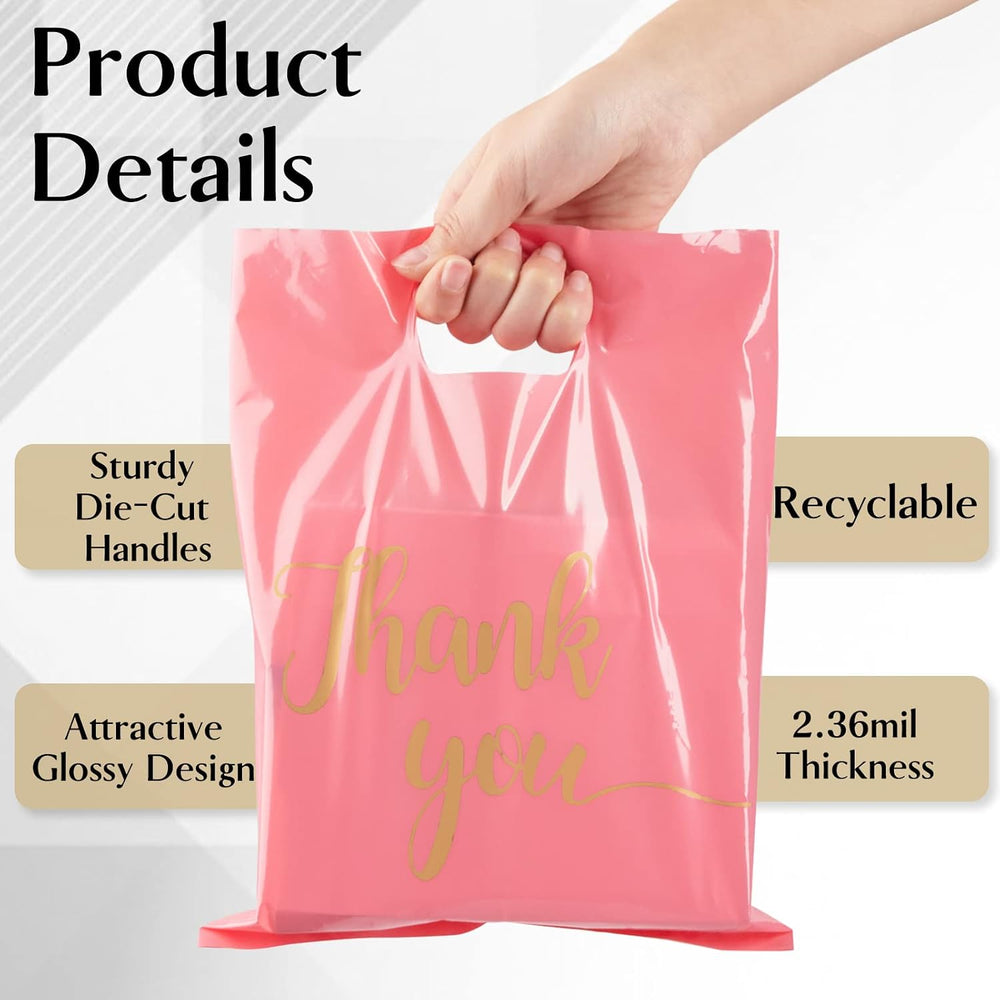 100 Pack Pink Thank You Shopping Bags for Small Business - 12"x15" Extra Thick 2.36 Mil Plastic Retail Thank You Bags with Handles for Stores, Boutique, Clothes, Business Gift