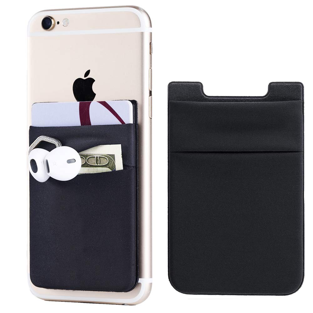 2Pack Adhesive Phone Pocket,Cell Phone Stick On Card Wallet Sleeve,Credit Cards/ID Card Holder(Double Secure) with Sticker for Back of iPhone,Android and All Smartphones-Black