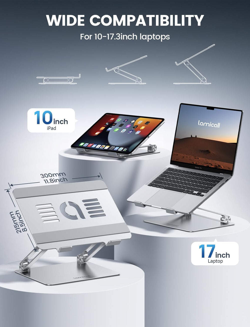Lamicall Adjustable Laptop Stand, Portable Laptop Riser, Aluminum Laptop Stand for Desk Foldable, Ergonomic Computer Notebook Holder for MacBook Air Pro HP, Office Desk Accessories (10-17.3'')- Silver
