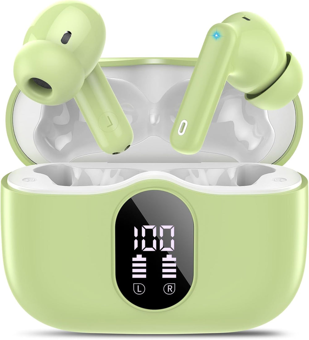 Wireless Earbuds, Bluetooth 5.4 Headphones Bass Stereo, Ear Buds with Noise Cancelling Mic, LED Display in Ear Earphones Clear Calls, IP7 Waterproof Bluetooth Earbuds for Phones/Sports/Laptop, White
