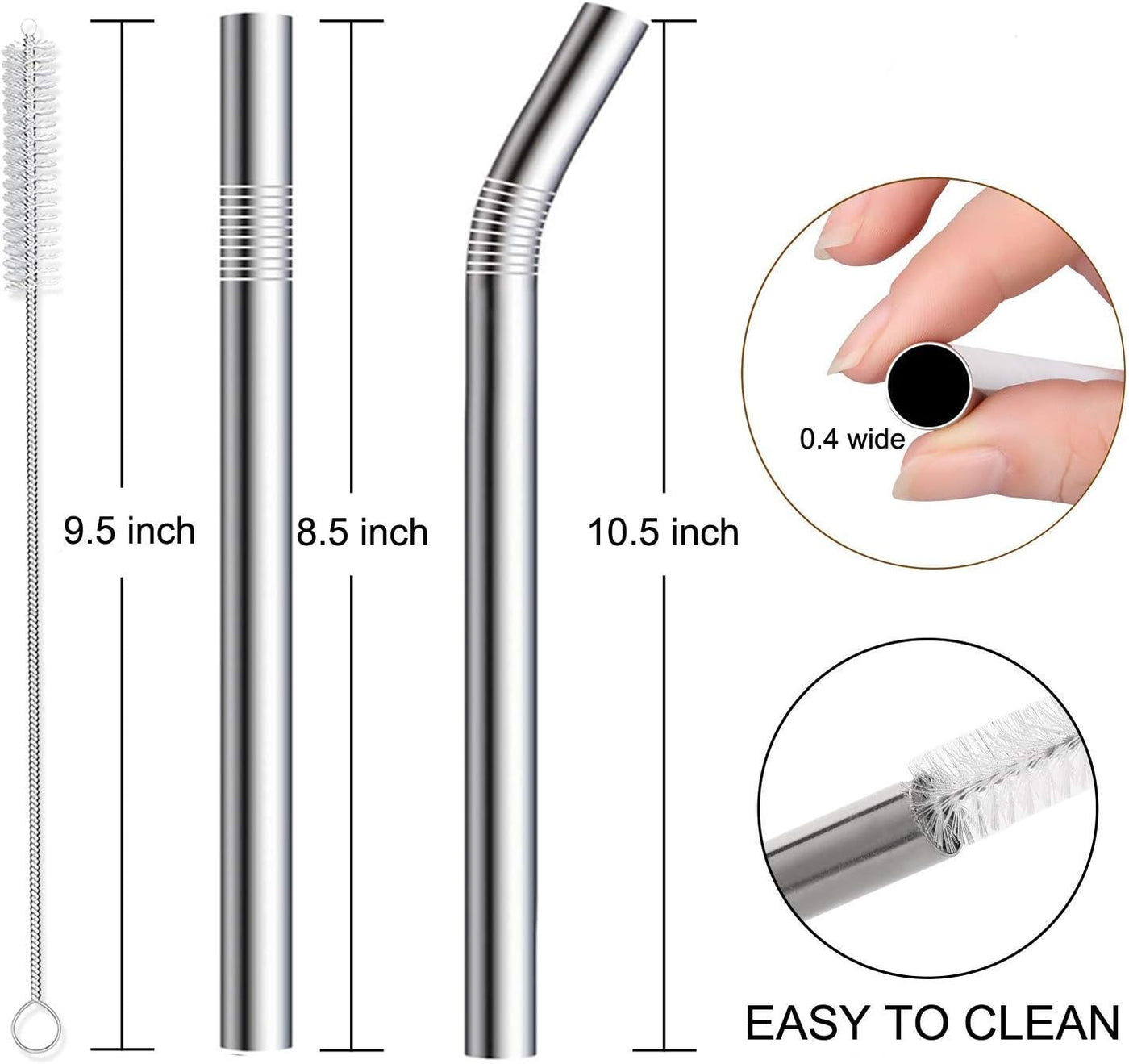 Vinaco Stainless Steel Smoothie Straws, 0.4'' Extra Wide Reusable Metal Drinking Straws for Milkshake, Smoothie, Beverage, Set of 4 with 1 Cleaning Brush