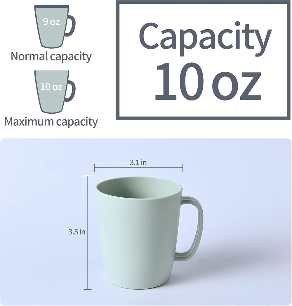 Coffee Mugs Set of 5, 10 Ounce Unbreakable Plastic Cups With Handle, 3 Basic Colors, Dishwasher Safe