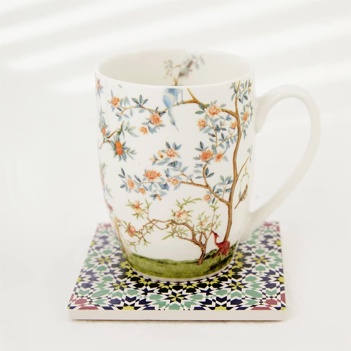 ALYC Fine China Coffee Mug Set – Bird and Branch Flower Teacup Design – 2Pack Porcelain Tea Cups with Gift Box (Bullet 12OZ)