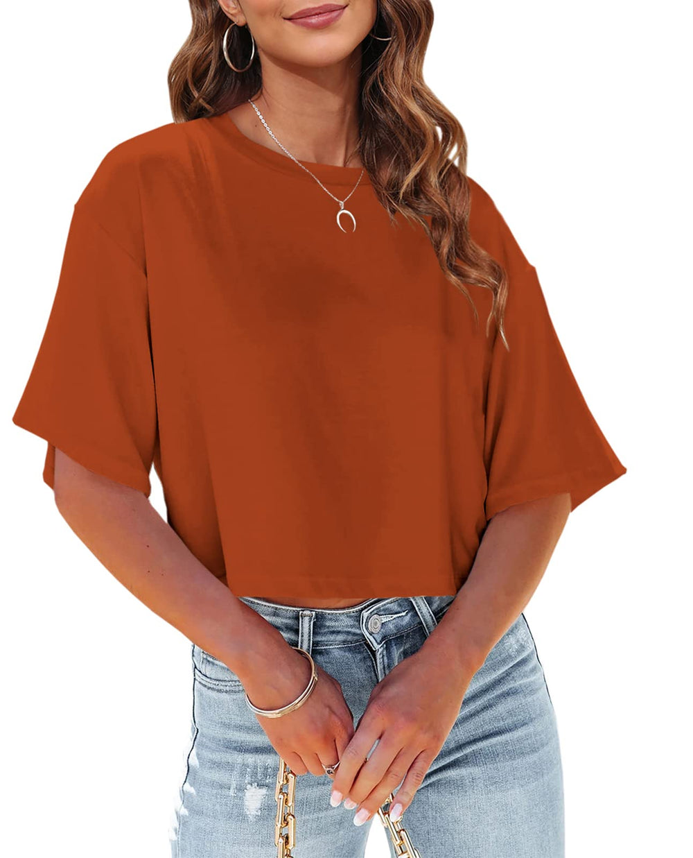 Tankaneo Women Half Sleeve Cropped T-Shirts Drop Shoulder Round Neck Crop Tops Casual Summer Solid Color Basic Tees