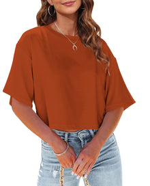 Tankaneo Women Half Sleeve Cropped T-Shirts Drop Shoulder Round Neck Crop Tops Casual Summer Solid Color Basic Tees