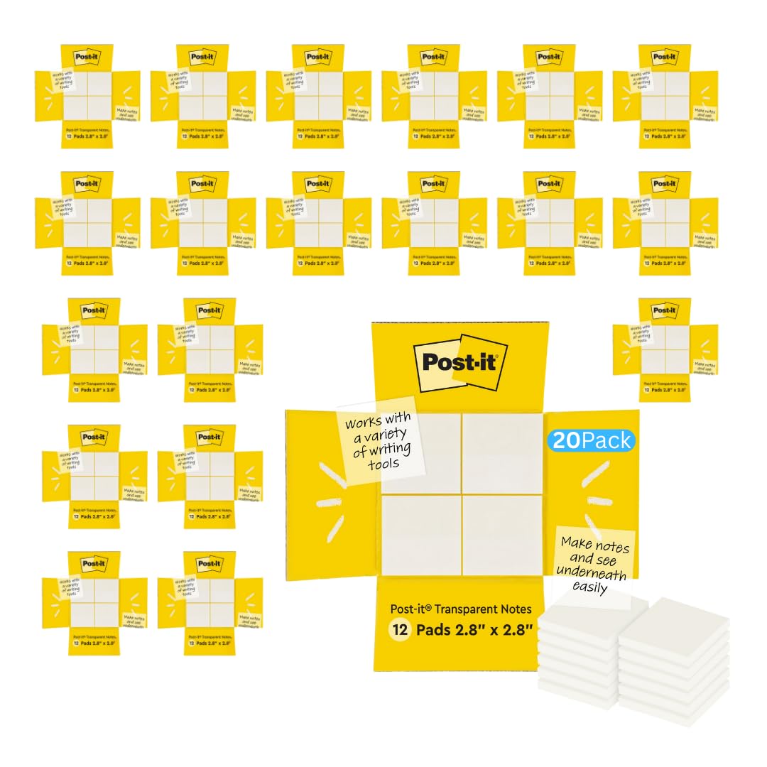 Post-it Transparent Notes, 2.8 in. x 2.8 in., Pastel Sticky Notes, School Supplies, Office Products, Great for Studying, 2 Pads