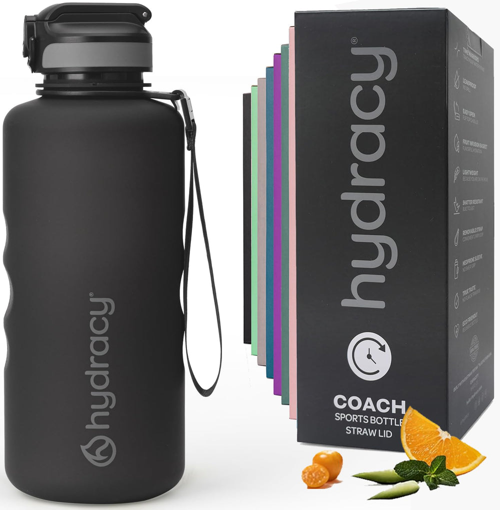 Hydracy Water Bottle with Time Marker -Large BPA Free Water Bottle & No Sweat Sleeve -Leak Proof Gym Bottle with Times to Drink - Ideal for Fitness Sports & Outdoors