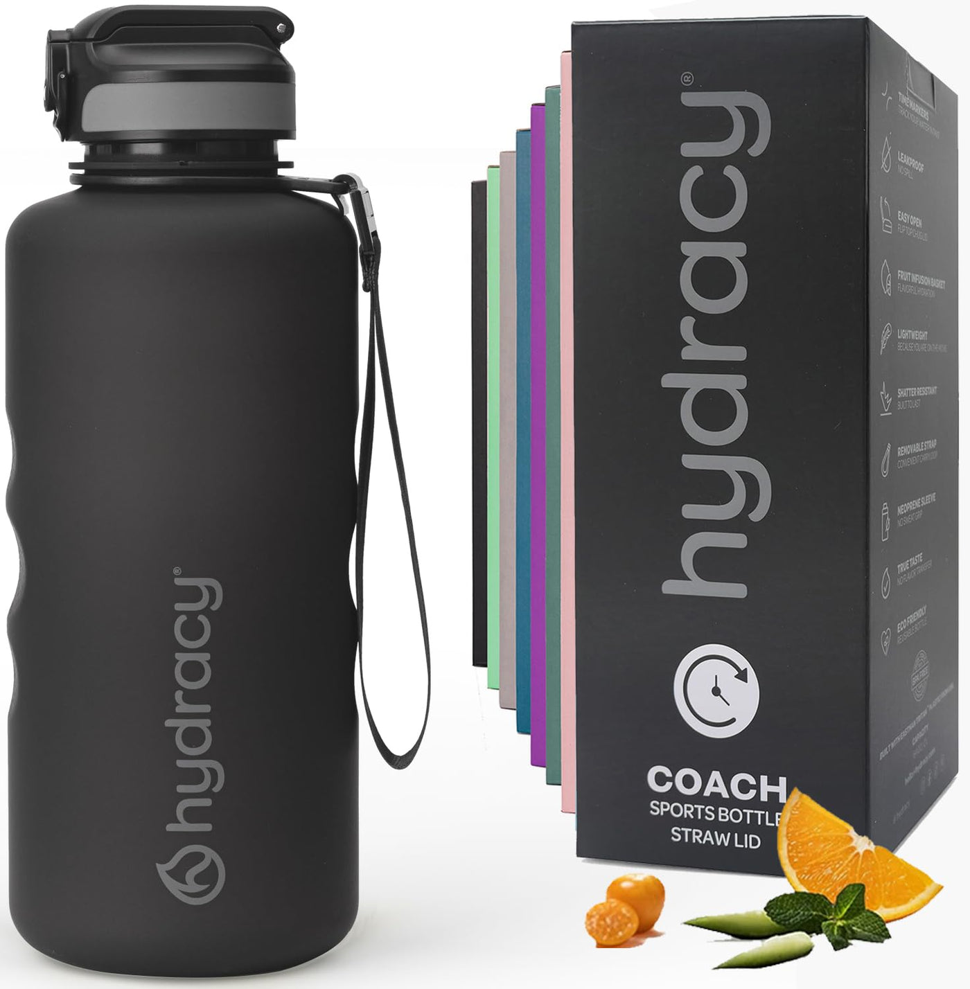 Hydracy Water Bottle with Time Marker -Large BPA Free Water Bottle & No Sweat Sleeve -Leak Proof Gym Bottle with Times to Drink - Ideal for Fitness Sports & Outdoors