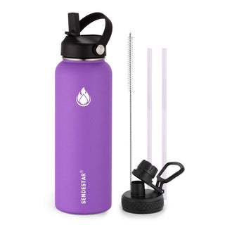 SENDESTAR Water Bottle 32oz Double Wall Vacuum Insulated Leak Proof Stainless Steel Sports Water Bottle—Wide Mouth with New Flex Straw Lid & Spout Lid (Deep Blue&Black)