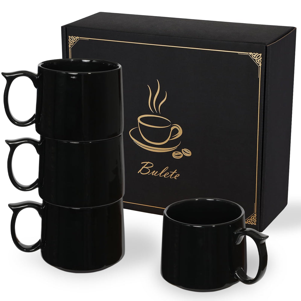 Coffee Mugs Gift Set of 4, Large 19 oz Stackable Ceramic Coffee Mug, Coffee Cups with Large Handle for Latte, Cappuccino, Milk, Tea, Dishwasher & Microwave Safe, Ideal for Men, Women - Black