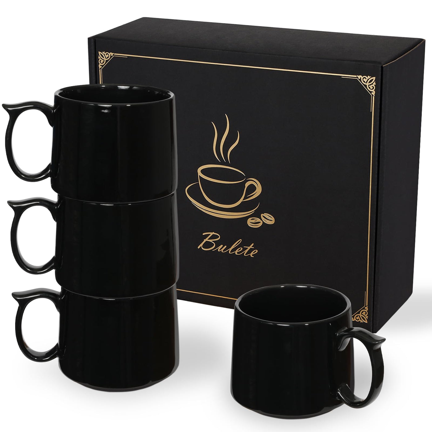 Coffee Mugs Gift Set of 4, Large 19 oz Stackable Ceramic Coffee Mug, Coffee Cups with Large Handle for Latte, Cappuccino, Milk, Tea, Dishwasher & Microwave Safe, Ideal for Men, Women - Black