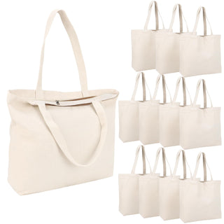 Segarty 6 Packs Canvas Tote Bag with Zipper, 16x13 inch Reusable Washable Grocery Shopping Bags with Handle Plain Canvas Totes for Women Teacher DIY Art Crafts Painting Embroidery Decoration