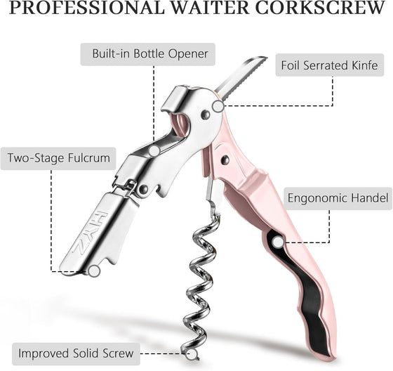 HYZ 2-Pack Wine Opener Waiter Corkscrew, Professional Wine Key for Servers, Bartender with Foil Cutter, Manual Wine Bottle Opener Double Hinged (Pink) - hover image
