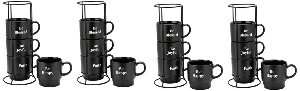 Signature Housewares Stackable Coffee Mug Tower Set with Metal Wire Rack - 15 Ounce Coffee Mugs for Coffee, Tea, Cocoa, Milk, Cappuccino, Hot Chocolate Set of 4 - Be Happy Matte Black