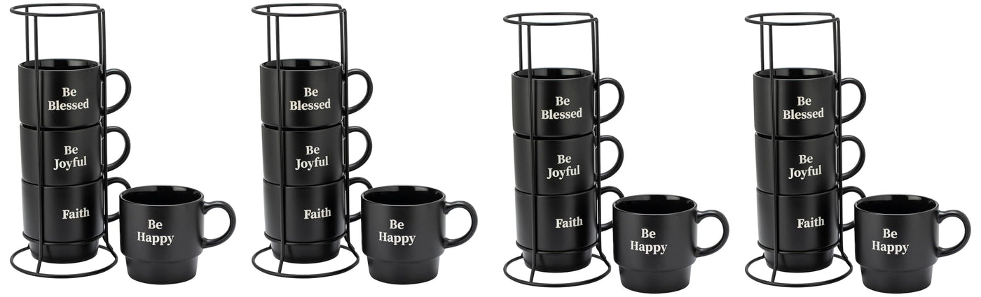 Signature Housewares Stackable Coffee Mug Tower Set with Metal Wire Rack - 15 Ounce Coffee Mugs for Coffee, Tea, Cocoa, Milk, Cappuccino, Hot Chocolate Set of 4 - Be Happy Matte Black