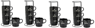 Signature Housewares Stackable Coffee Mug Tower Set with Metal Wire Rack - 15 Ounce Coffee Mugs for Coffee, Tea, Cocoa, Milk, Cappuccino, Hot Chocolate Set of 4 - Be Happy Matte Black
