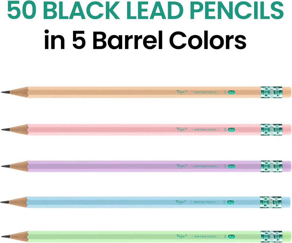 Taja 50 Pack Wood-Cased #2 HB Pencils, Bulk Pre-Sharpened Pencils with Top Erasers, Perfect for School & Classroom Writing and Drawing - Macaron