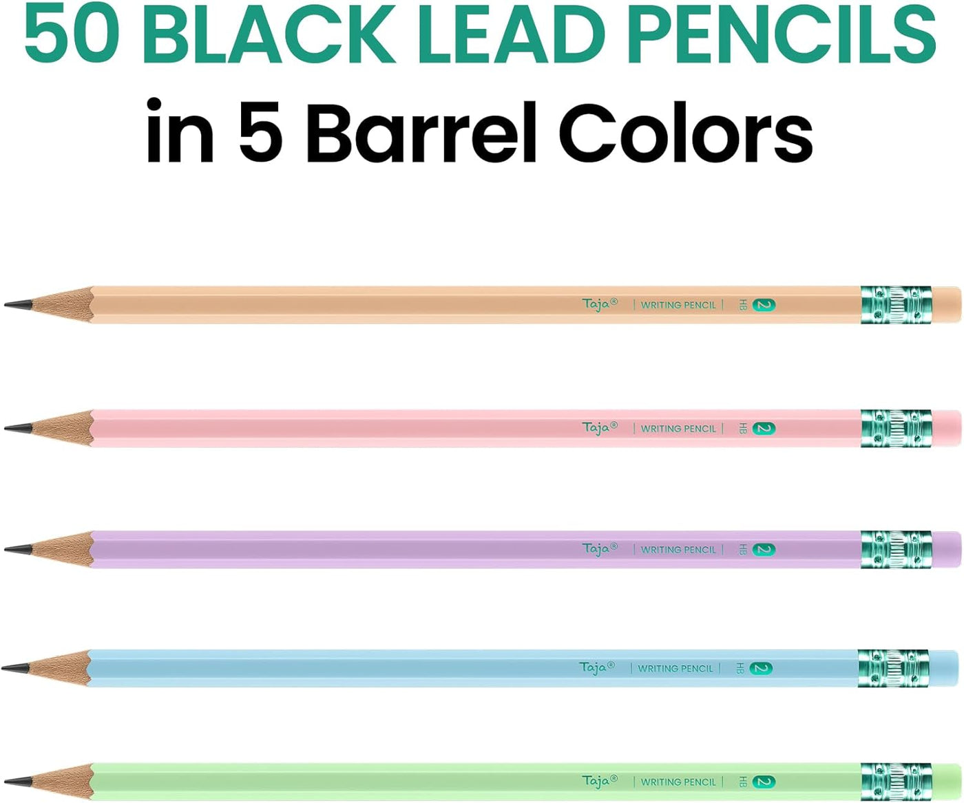 Taja 50 Pack Wood-Cased #2 HB Pencils, Bulk Pre-Sharpened Pencils with Top Erasers, Perfect for School & Classroom Writing and Drawing - Macaron