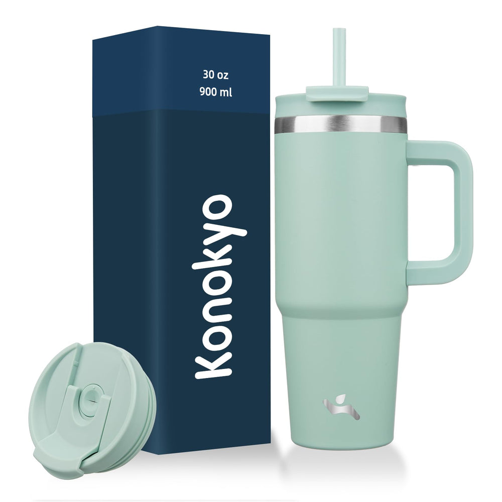 Konokyo 40 oz Tumbler with Handle and 2 Straws,2 in 1 Lid Insulated Water Bottle Stainless Steel Travel Coffee Mug,Mint