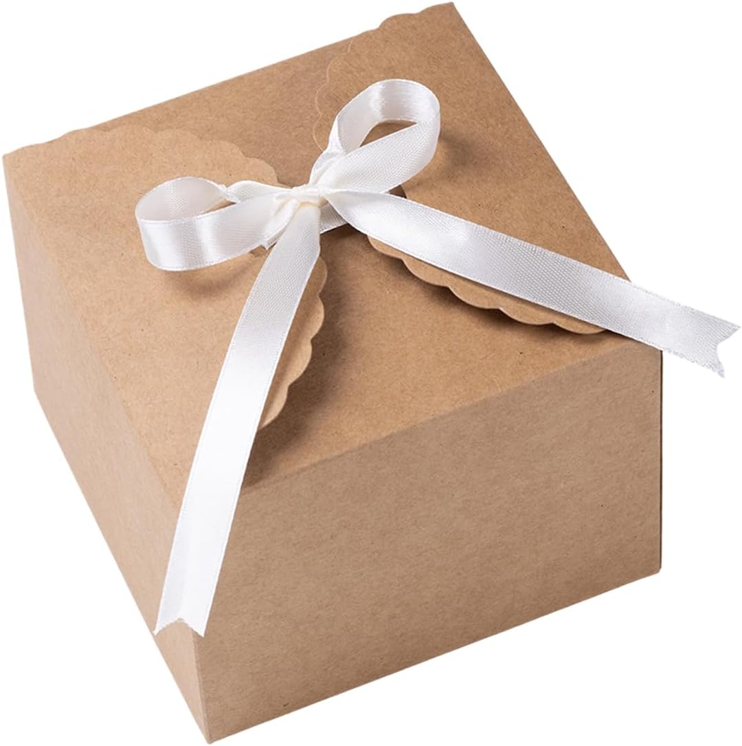 NovaPuff 10 Pack Eco-Friendly Gift Boxes,Small Brown Box with Ribbon, Foldable Paper Boxes for Weddings/Holidays/Birthdays/Business Packaging