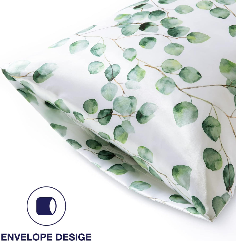 EXQ Home Silky Satin Pillowcase for Hair and Skin,Printed Pillow Cases Standard Size Set of 2 Satin Pillow Case 2 Pack with Envelope Closure(Ink Leaf, 20x26)