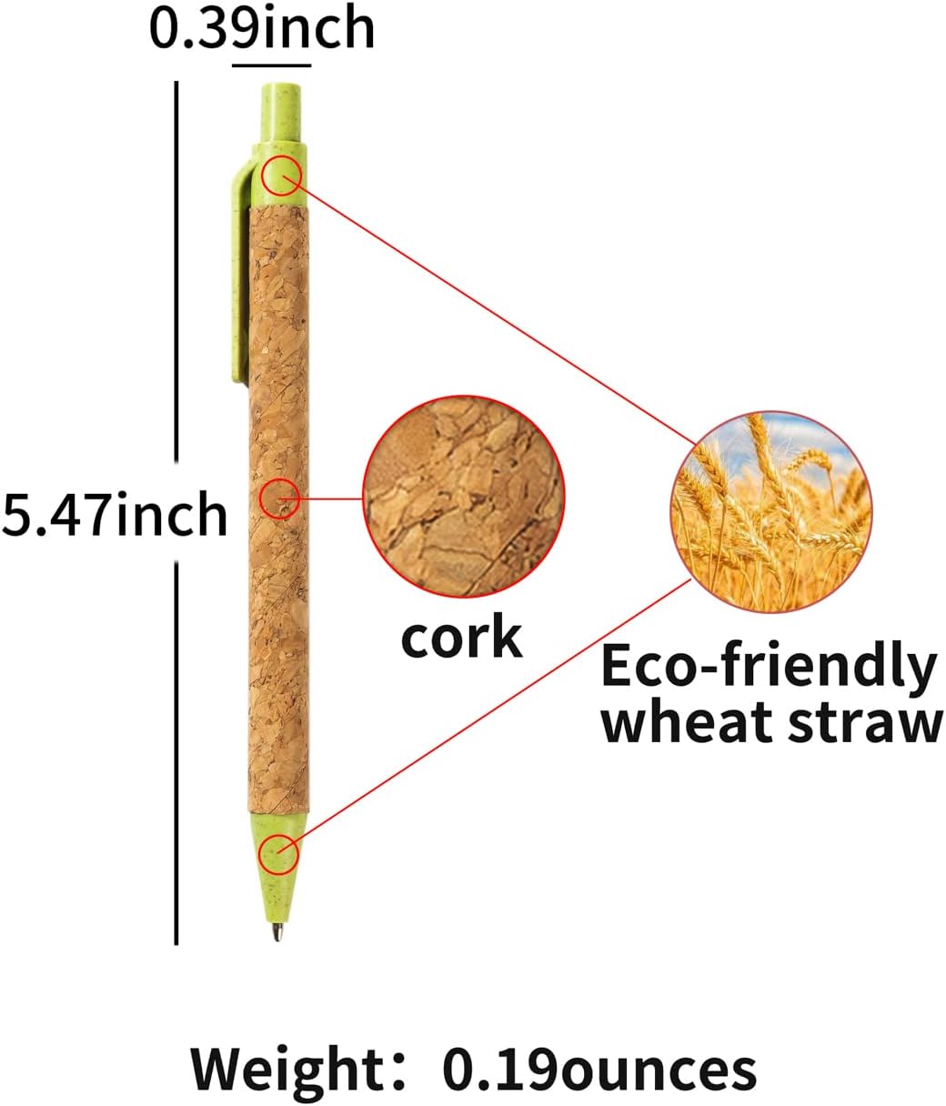 jinfusi Wheat Straw Pens(30 Pack),Eco Friendly Cork and Recycled Ballpoint Writing Black Ink Sustainable Products Set Pens or Journaling