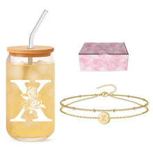 Sister Gifts for Women, Initial Glass Cup and Bracelet Gift Set, Personalized Ready to Gift Letter Keepsake for Birthday, Thank You and Just Because