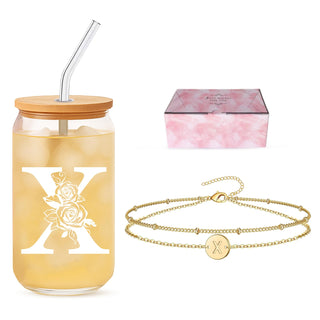 Sister Gifts for Women, Initial Glass Cup and Bracelet Gift Set, Personalized Ready to Gift Letter Keepsake for Birthday, Thank You and Just Because