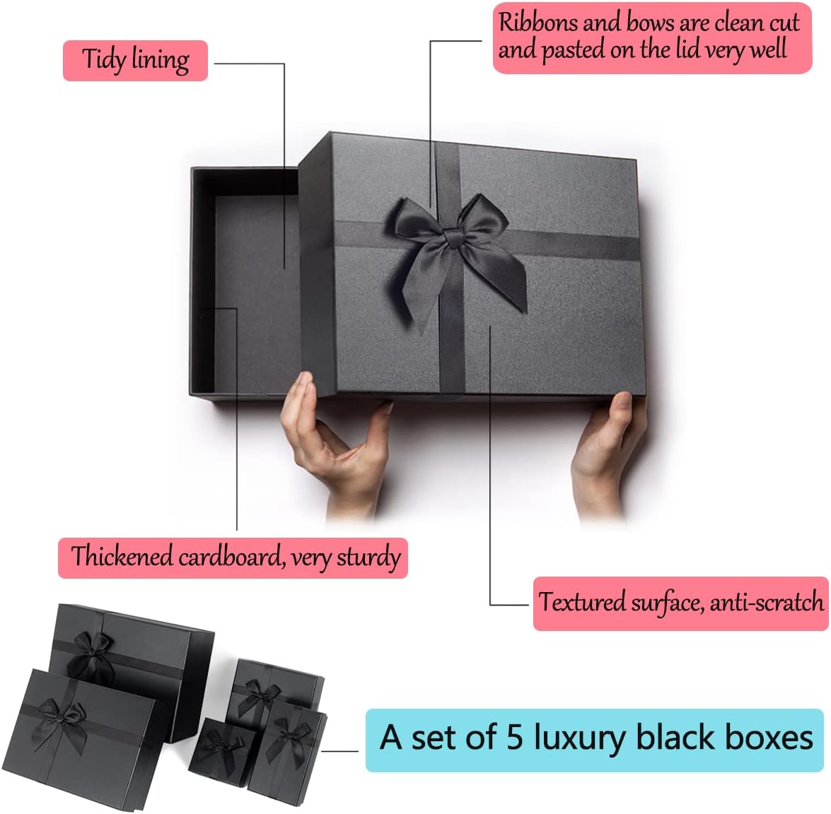 Gift Boxes with Lids for Presents, Set of 5 Black Gift Boxes, Pre-warpped Nesting Boxes for Gifts, Luxury Gift Box for Father's Day, Anniversaries, Birthdays,Weddings, etc.