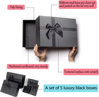 Gift Boxes with Lids for Presents, Set of 5 Black Gift Boxes, Pre-warpped Nesting Boxes for Gifts, Luxury Gift Box for Father's Day, Anniversaries, Birthdays,Weddings, etc.