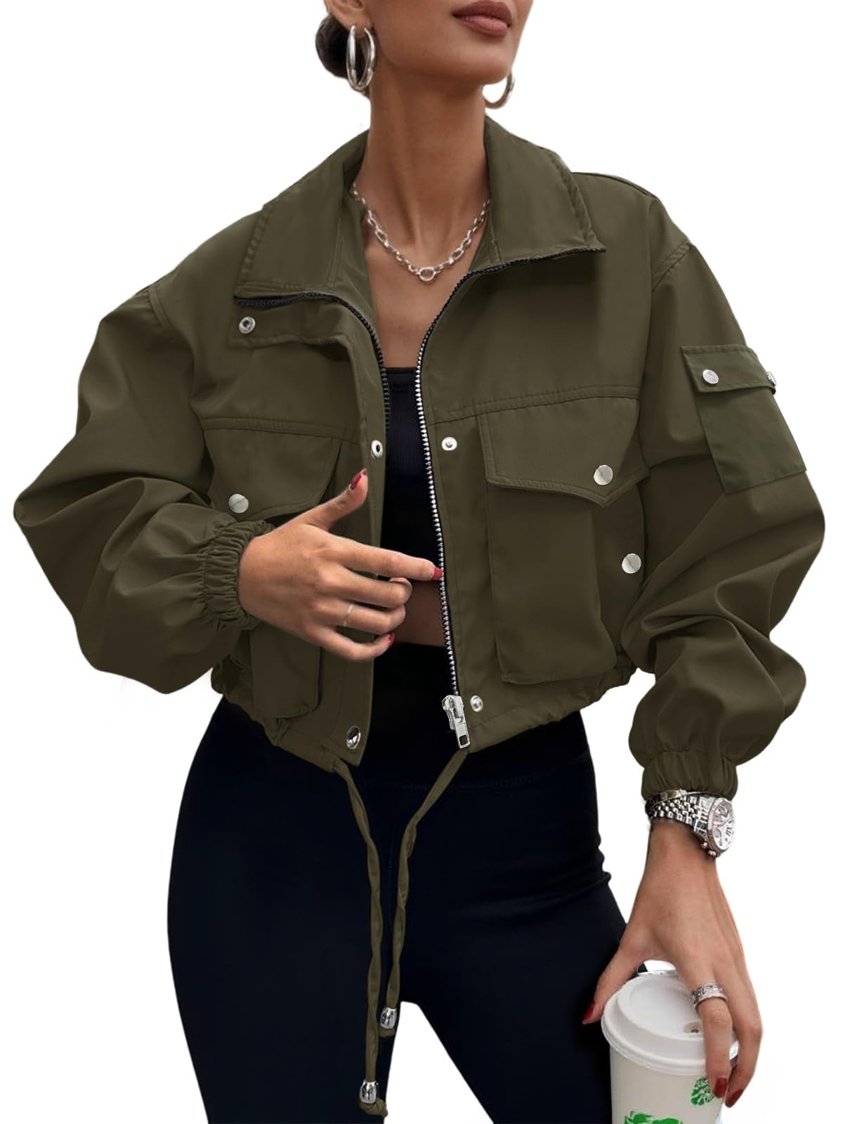 UEAL Womens Cropped Bomber Jacket 2026 Trendy Zip Up Lightweight Utility Anorak Coat With Pockets