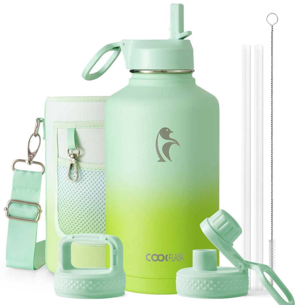 Water Bottle 40 oz Insulated with Straw&Brush, Coolflask Vaccum Stainless Steel Metal 3 Lids Water Flask for Sports, Gym or Office, Keep Cold 48H Hot 24H, Magic Black