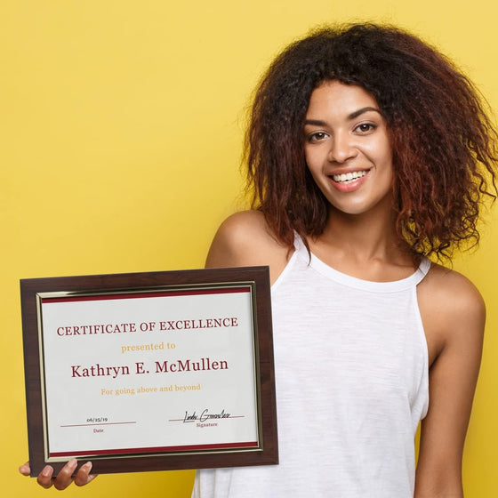 10.5 x 13" Certificate Display Plaque - Offered in Coated Cherry Wood with an 8.5 x 11" Gold Frame - Slide in your Diploma, Award Certificate, Award of Achievement, Class Photo, and More - hover image
