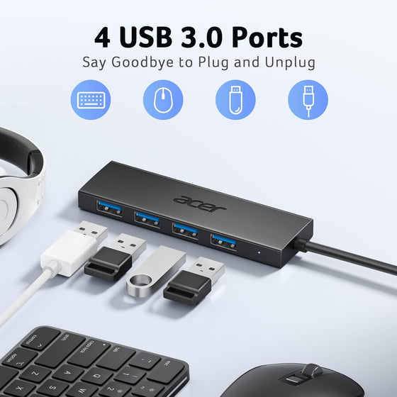 Acer USB Hub 4 Ports, Multiple USB 3.0 Hub, USBA Splitter for Laptop with Type C Power Port, Extender for A Port Laptop, PC, Desktop and More (2ft) - hover image