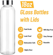 Sursip 18oz Glass Water Bottle Set of 6, Clear glass juice bottle for juicing，Reusable Drinking Bottles with Stainless Steel Lid，Beverage Storage Containers for Refrigerator-BPA Free，Leak Proof