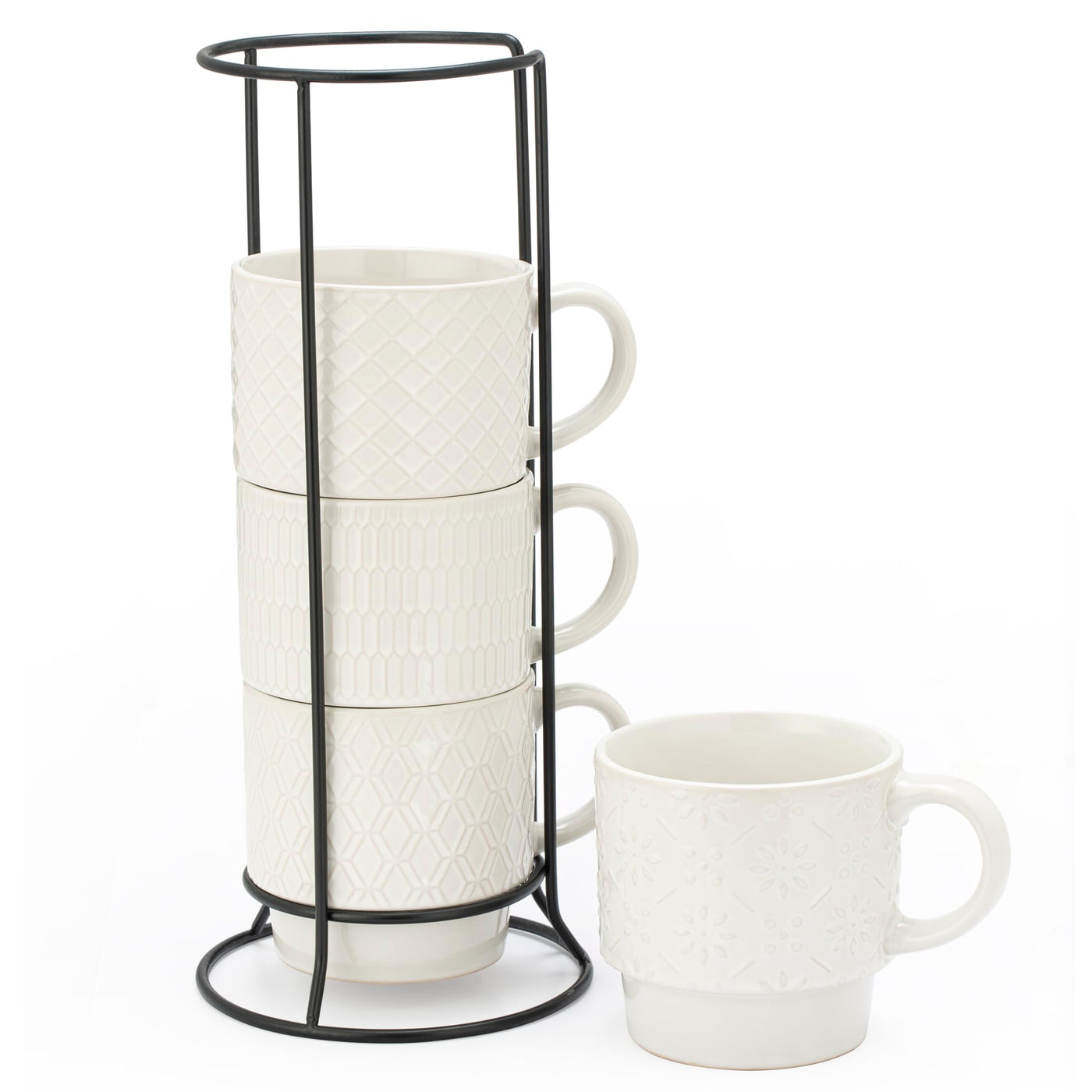 Signature Housewares Stackable Coffee Mug Tower Set with Metal Wire Rack - 15 Ounce Coffee Mugs for Coffee, Tea, Cocoa, Milk, Cappuccino, Hot Chocolate Set of 4 - Be Happy Matte Black