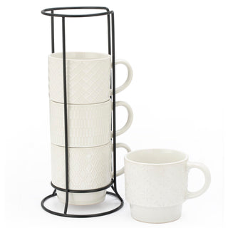 Signature Housewares Stackable Coffee Mug Tower Set with Metal Wire Rack - 15 Ounce Coffee Mugs for Coffee, Tea, Cocoa, Milk, Cappuccino, Hot Chocolate Set of 4 - Be Happy Matte Black