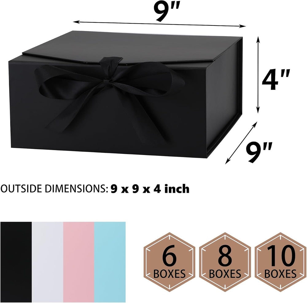 OEMVALATY 8-Pack Gift Boxes,9x9x4 Inch Magnetic Gift Boxes with Lids for Presents,Black with Ribbon, Bridesmaid Proposal Box for Wedding, Storage, Birthday