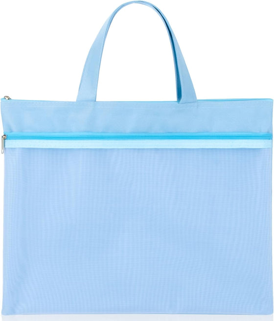 Mesh Zipper Pouch with Handle - 11 x 13.7 Inch Reusable Double Pocket Zipper Pouch, Foldable Nylon File Bag, Large Capacity Lightweight Document Storage for Puzzles Books Office Travel Shopping, Blue