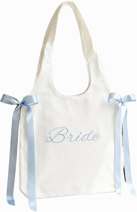 White Canvas Bride Tote Bag with Blue Satin Bows - Large Bridal Shower Gift Bag, Bachelorette Party Favor, Wedding Day Tote for Bride to Be & Bridesmaids